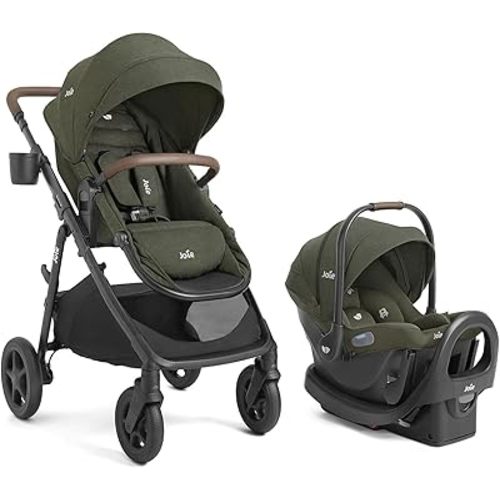 Joie Baby, Ginger and Rue Travel System – 4-in-1 Travel System with Lightweight Baby Car Seat and an Included Anti-Rebound Base for Easy Install and Height-Adjustable Stroller (Forest)