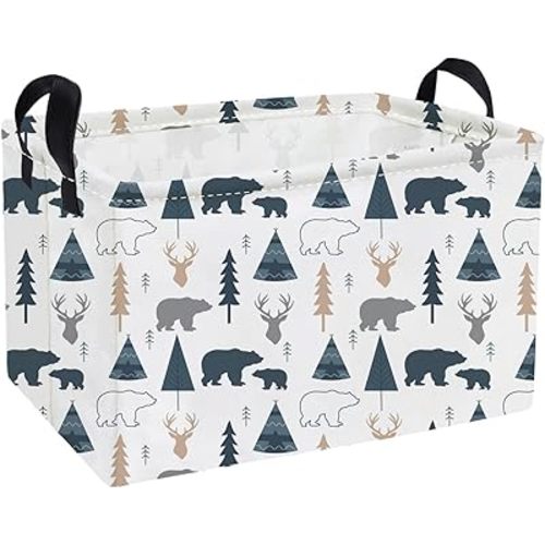 Essme Rectangular Kids Baskets,Bear Storage Basket with Handles for Boys Room Decor, Woodland Box,Cute Storage Bin（Bear）