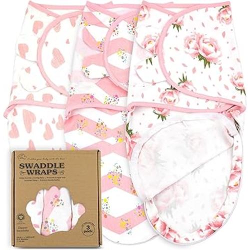 Bublo Baby Swaddles for Newborns – Zipper Swaddles 0-3 Months, 3-Pack – Organic Infant Sleep Sack with Zipper – Adjustable & Breathable Swaddle Blanket Wrap for Newborn Girls (Pink Floral)