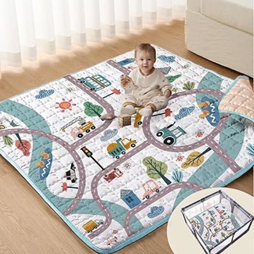Baby Play Mats for Floor, 50X50 Playpen Mat, Car Playmat Non-Slip Cushioned Crawling Mat Thick Soft Playmats for Babies Toddlers Infants Activity & Tummy Time, Machine Washable (Car,50x50)
