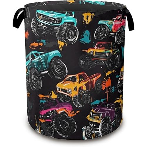Laundry Hamper,Abstract Monster Truck Laundry Basket,Waterproof Oxford Cloth Storage Basket with Handle for Clothes Books Nursery Home Storage Sundries 16"x20"