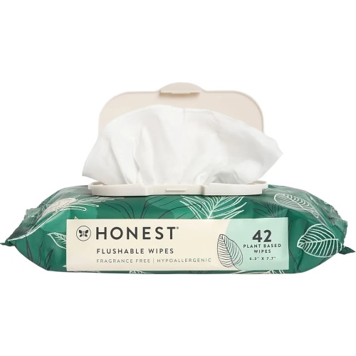The Honest Company Flushable Wipes for Sensitive Skin | Fragrance Free, Hypoallergenic, 99% Water, Safe to Flush | pH Balanced Feminine Wipes | Tropical Leaves, 42 Count