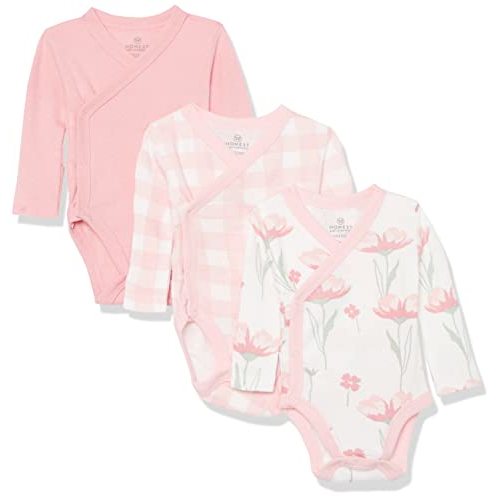 HonestBaby 3-Pack Organic Cotton Long Sleeve Side-Snap Kimono Onesies Bodysuits, Strawberry Pink Floral, 0-3 Months