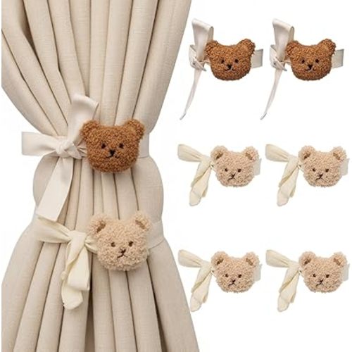 Teddy Bear Nursery Decor, 6Pcs Cute Bear Curtain Ties,Brown Bear Shaped Curtain Holdbacks for Kids Room, Nursery, Home Window Treatment
