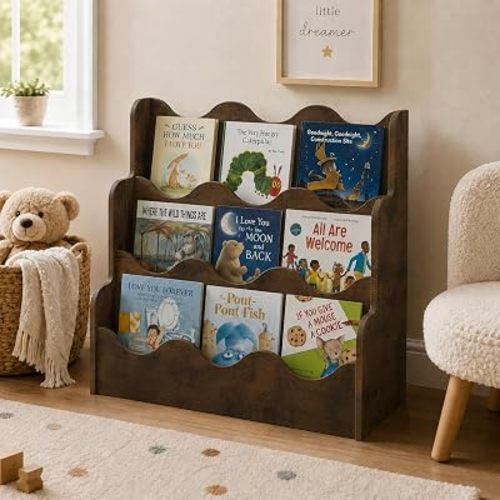 NACHES 3-Tier Montessori Bookshelf for Kids - Wooden Front-Facing Book Display Rack with Wave Design, Toy Organizer for Toddler Nursery, Bedroom, Classroom & Playroom, Middle Rustic Brown