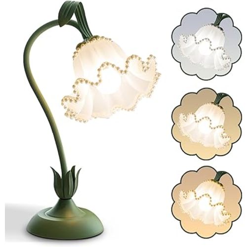 Flower Table Lamp,LED Reading Light Bedside Vintage Flower Night Light,3 Colors Modes Kawaii Bedside Lamps Decor,Living Room Bedroom Room Lighting Table Lamps Home Decoration (Green Pearls)