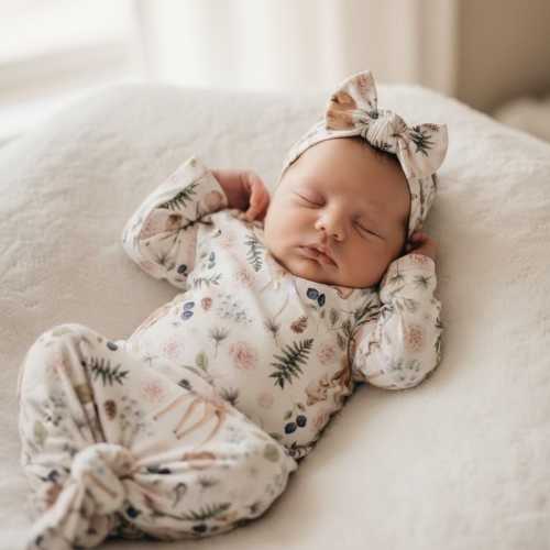 Floral Woodland Bamboo Knotted Gown With Bow, Coming Home Outfit Baby Girl, Newborn Gift