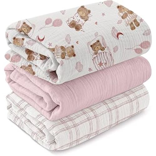 GLLQUEN BABY Muslin Swaddle Blankets,3-Pack Receiving Blanket for Newborn Boys and Girls,Baby Swaddle Blanket Unisex,Little Bear,Baby Essentials, Registry & Gift, 40 x 38 inches
