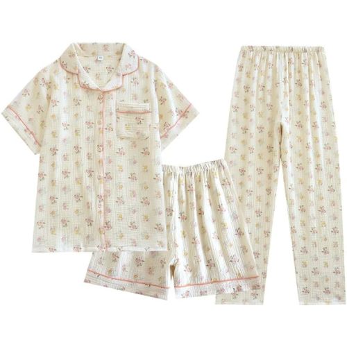 Womens 3pcs Cotton Pajamas Set Short Sleeve Sleepwear Fruit Print Cute Pj Set with Long Pants