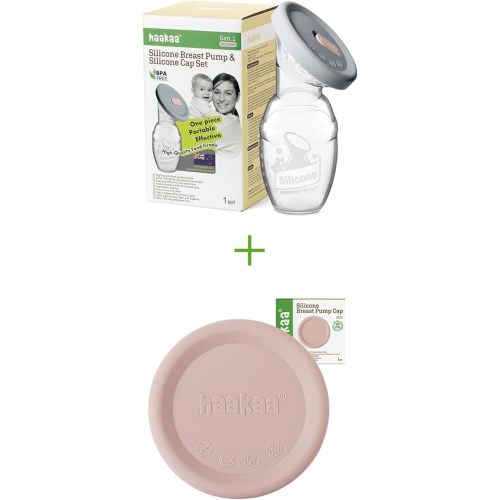 haakaa Manual Breast Pump 100ml/4oz & Two Silicone Cap (Grey & Blush) Combo