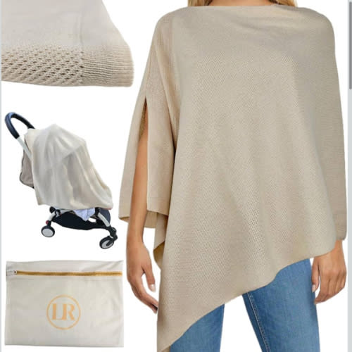 Little Rou Peekaboo Knit Breathable Nursing Cover Up For Breastfeeding - Soft Organic Cotton & Cashmere Breast Feeding Covers For Women - Privacy Feature - Includes Mesh Laundry Bag (Beige)