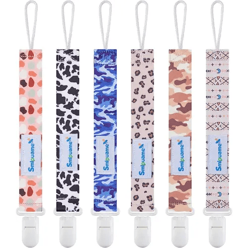 Smlpuame Pacifier Clip for Baby Boys Girl,6 Pack Stylish Binky Clips Strap,Paci Holder with Clips Universal Lightweight Fits Most Pacifiers Teeher Toy Teething Ring,Baby Gifts(Boho & Leopard & Camo)