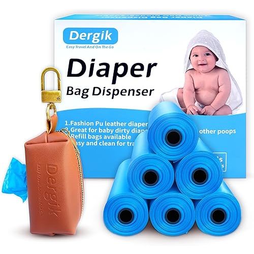 LEATHER Diaper Bag Dispenser | 105 Disposable Diaper Sacks (7 Pack Diaper Bags Refills) for Baby and Toddler Poop or Dirty Clothes | Portable Travel Essential and On the Go, Brown