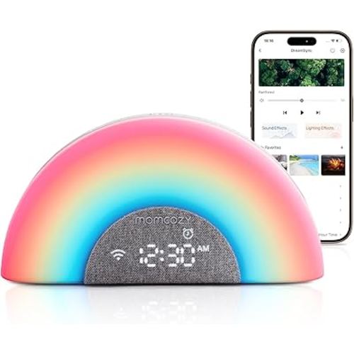 Momcozy DreamSync™ Baby Sound Machine, Night Light, APP Control Baby Sleep Trainer, Routine Builder, White Noise Machine with 34 Soothing Sounds, Wake Up Light Sunrise Alarm Clock, Wireless Speaker