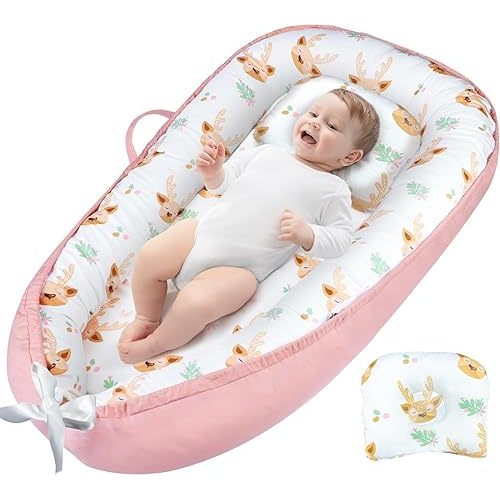 JIFTOK Baby Nests Lounger for Newborn, Snuggle Sleeping Bassinet for 0-24M, Breathable Portable Co Sleeping Bed, Baby Essentials Adjustable Infant Soft Cotton Loungers for Home & Travel -Sika Deer