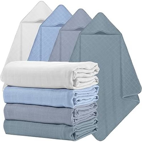 Preboun 4 Pcs Muslin Hooded Baby Towels,32"x 32" Cotton Newborn Bath Towel Muslin Infant Baby Blankets Absorbent Unisex Newborn Registry Gift for Girls Boys(Blue Series)