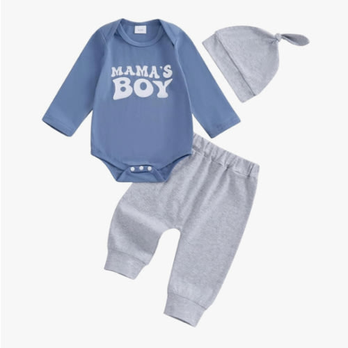 Newborn Baby Boy Clothes Mamas Boy Long Sleeve Romper 3pcs Pant Set Fall Winter Coming Home Outfit With Hat