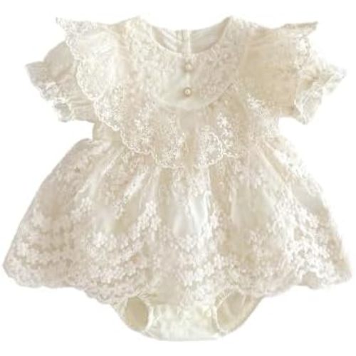Baby Girl Vintage Romper Lace Embroidered Dress Long Sleeve Style for Newborn, Baptism Christening Outfit