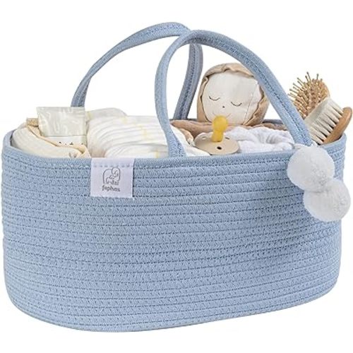 Baby Diaper Caddy Organizer- Misty Blue Rope Nursery Storage Bin- Portable Diaper Storage Basket for Changing Table and Car- Perfect Baby Shower & Registry Gift