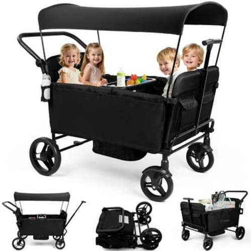 Vomeast Wagon Stroller for Kids, Spacious 4-Seater Stroller Wagon with Adjustable Canopy, Pull & Push Handle, 5-Point Harness, Foldable for Toddlers, Black