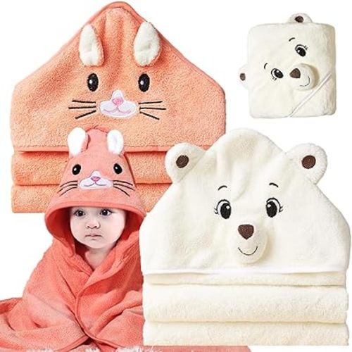 Baby Bath Towels with Hood, 2 Packs Premium Soft Hooded Baby Towels for Babies, Toddler, Infant, 31.5x31.5 in Ultra Absorbent Coral Fleece Baby Stuff Shower as Best Gifts for Boys and Girls (2Pack)