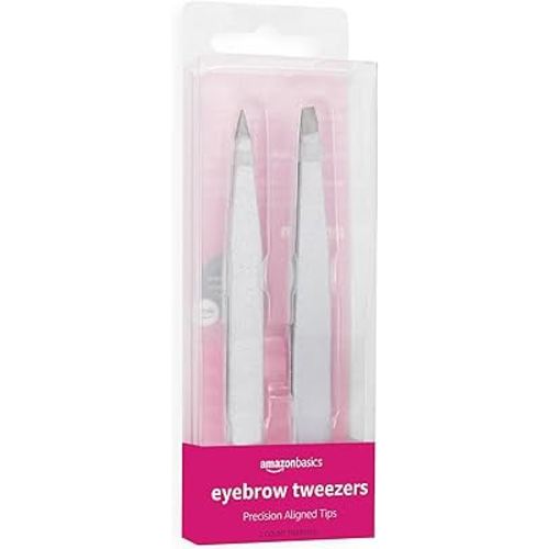 Amazon Basics Eyebrow Tweezers - Stainless Steel, 2 Pack