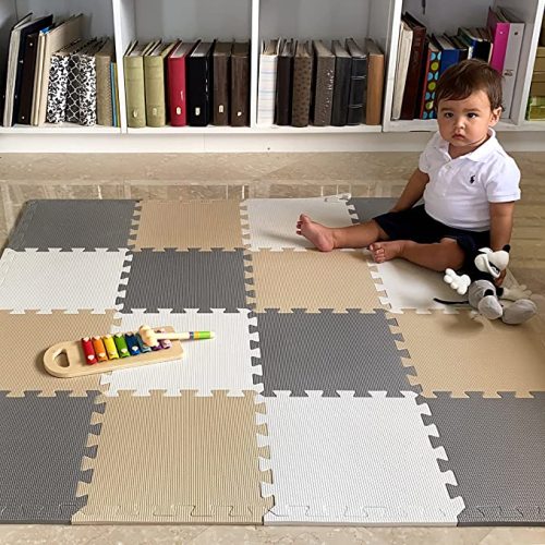MioTetto Soft Non-Toxic Baby Play Mat | Toddler Playmat | Colorful Jigsaw Puzzle PlayMat | 16+2 Bonus Squares Foam Floor Mats for Kids & Babies | EVA Foam Interlocking Tiles for Gym, Nursery, Playroom - Cream-gray-beige
