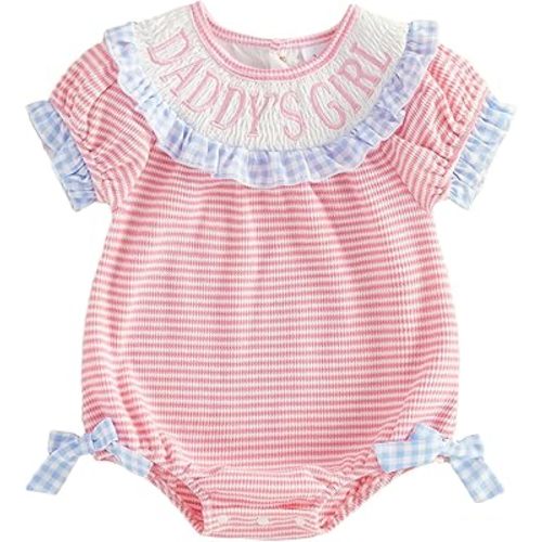 Baby Girl Bubble Romper Daddys Girl Onesie Short Sleeve Plaid Jumpsuit Fathers Day Outfit Cute Smocked Clothes