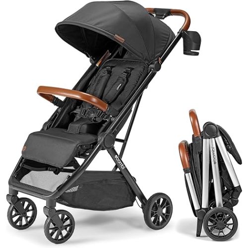 Bēbee V2 Lightweight Baby Stroller - Premium Vegan Leather, One-Hand Fold, Infinite Recline, Aircraft-Grade Aluminum Frame, XXL Canopy, and Ample Storage Umbrella Stroller - Hickory