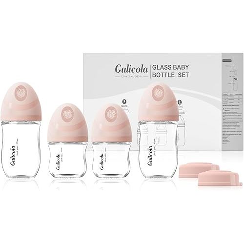 Natural Glass Baby Bottles Set 4 Pack, Newborn Girl Breastfeeding Bottles with Slow Flow Nipples, 0 Months+, 3 oz & 5 oz - Pink