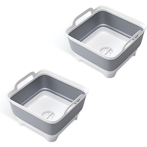 Collapsible Dish Basin - (2 Pack) Wash Basin for Baby Bottles, Beverage Tub, Dishpans for Washing Dishes, Camp Sink, Wash Bin, Foldable Laundry Bucket with Drain, Hand & Bottle Washing Station