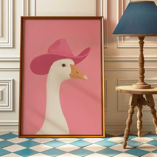 Silly Cowboy Goose Wall Art - Funny Vintage Goose With Pink Cowboy Hat Print - Retro Cowboy Nursery Decor - Boy Room Animal Wall art