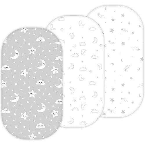 Bassinet Sheets for Delta Children Sweet Dreams, Slumber, Rocking, Curve, and Deluxe Beginnings Bedside Bassinet, 3 Pack, 16 x 32, Ultra Soft, Breathable, Unisex Boys Girls, Gray (Moon, Stars, Clouds)
