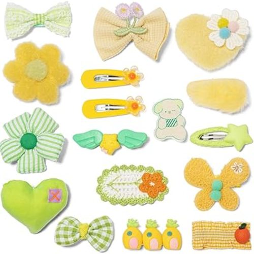 Hair Clips for Girls 18 Pcs No Slip Assorted Barrettes for Kids Bows Green Yellow Cute Hair Accessories for Little Girls Teens Toddlers Child Kids Gifts