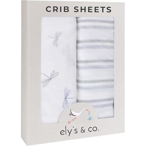 Ely’s & Co. Crib Sheets, Baby Boy Fitted Crib Mattress Sheet Set, 2 Pack, 100% Jersey Knit Cotton, Infant and Toddler Nursery Bedding, 28” x 52” Dragonflies + Stripes Collection