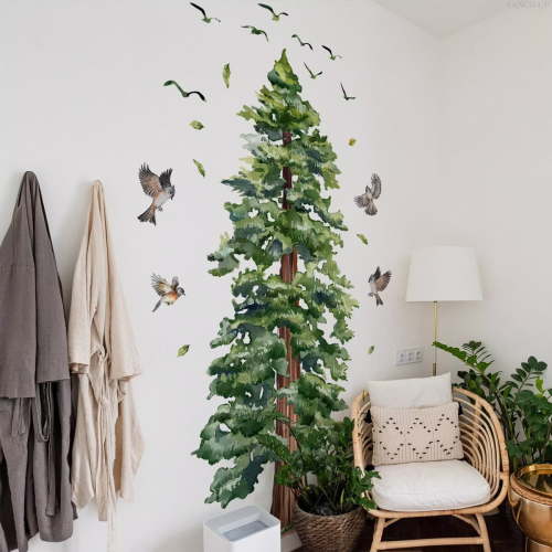 Large Pine Tree Wall Stickers Green Trees Wall Decals Peel and Stick Watercolor Birds Nature Giant Trees Decor Woodland Forest Sticker Green Tree Stickers for Living Room Bedroom Home Decor