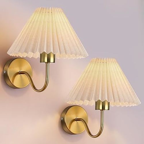 Gold Wall Sconces Sets of 2, Indoor Wall Light Fixtures with Fabric Lampshade, Pleated Fabric Wall Lamp Dresser Hardwired Lamp Wall Lighting Fixture for Bedroom Living Room Porch Dining Room