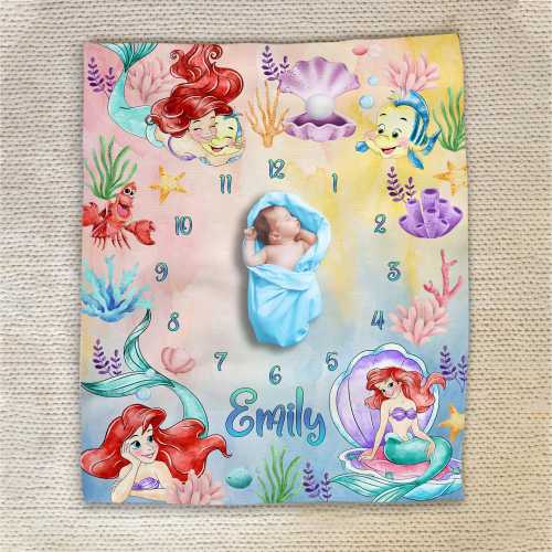 Personalized Milestone Blanket Little Mermaid Blanket/Personalized Baby Monthly Month Blanket/Little Mermaid Milestone Baby Blanket OGVM70