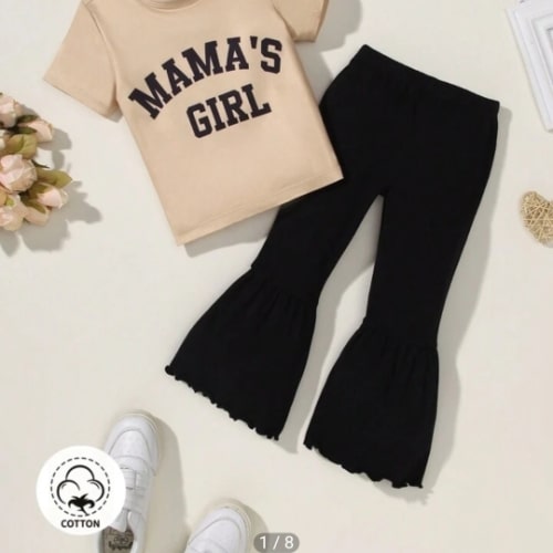 Baby Girl Street Fashion Letter Printed Top And Solid Color Flared Pants Set | SHEIN USA