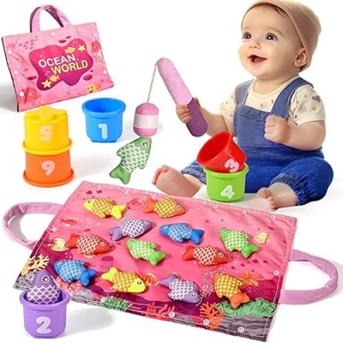 Montessori Toys for 1 Year Old Girl Gifts, Pink Cloth Fishing Toy for Toddler 1-3, Fine Motor Skills Toy Sorting Learning Baby Toys 6-12-18 Months, One Year Old Girl Boy Birthday Gifts