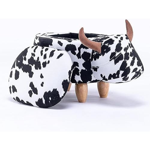 Home 2 Office Cow Ottoman with Storage for Bedroom, Playroom, Nursery or Recreation Room Decor, Soft Animal-Shaped Ottoman with Wooden Legs