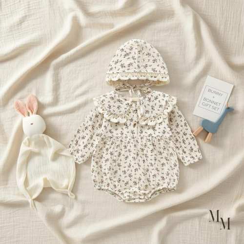 Baby Girl Gift Set, Cotton Baby Romper With Matching Bonnet Cute Clothing For Baby Girl Gift Idea Cotton Bunny Toy Baby Girl Clothing Cute