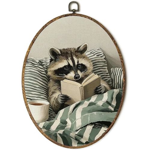 EGVQK Funny Raccoon Oval Wall Art, Woodland Animal Trash Panda Reading Book Framed Canvas Prints Wall Art, Whimsical Raccoon Oval Canvas Hanging Decor for Nursery Kids Bedroom Decorations, 8.5x11.5in