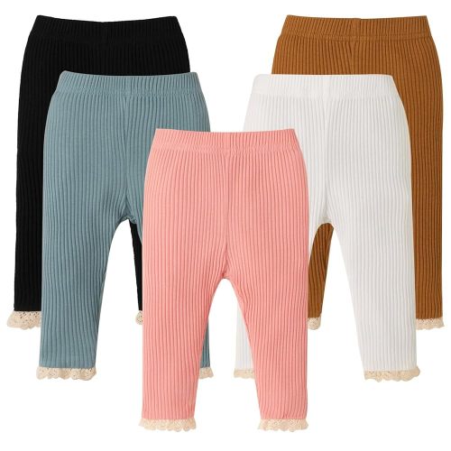 DREAM BUS 5 Pack Baby Girl Pants Toddler Girl Solid Ribbed Pants with Lace Trim Newborn Cotton Leggings Infant Jogger Pants