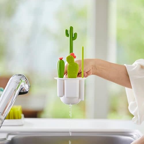 Boon Cacti Bottle Cleaning Brush Set - Includes Bottle Brush, Nipple Brush, Detail Brush, and Straw Brush - Baby Bottle Brush Set for Bottle Drying Rack - Baby Essentials - 4 Count