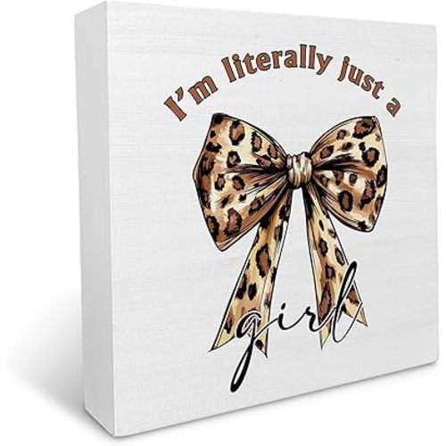 KU-DaYi Leopard Bow Wooden Box Sign, Preppy Cheetah Print Bow Girly Wood Box Decorations for Girls Room Dorm, Coquette I'm Literally Just a Girl Wooden Block Plaque Desk Shelf Decor 5x5 Inch