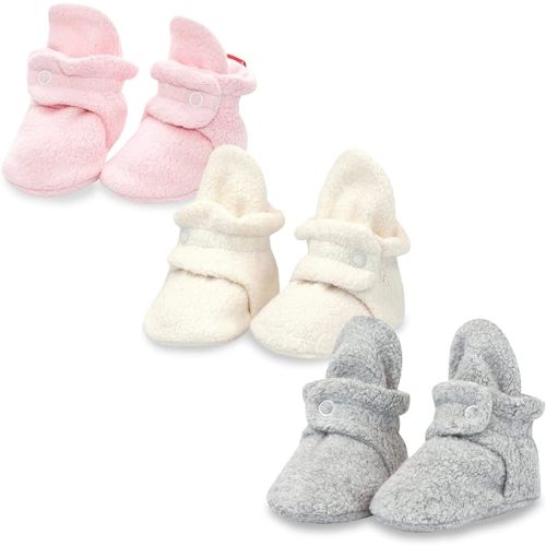Zutano Unisex Baby Cozie Fleece Baby Booties, Baby Essentials, Pack of 3 - 3 Months Infant - Heather Gray/Baby Pink/Cream