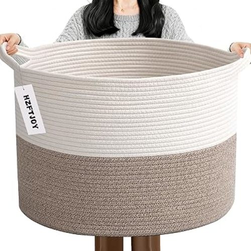 65L Large Blanket Basket,19.7" L x 19.7" W x 13" H Rope Woven Baskets with Handles, Toys Storage Bins,Laundry Basket Perfect for Living Room, Nursery,Bedroom,Home Organization,White&Brown