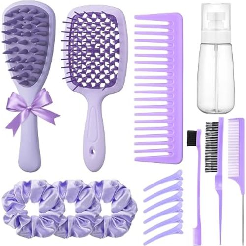 16 Pcs Purple Hair Brush Set for Women Girls - Scalp Scrubber with Handle, Detangle Hair Brush, Spray Bottle, Edge Bristles Wide Tooth Brushes Rat Tail Comb for Travel Home Use