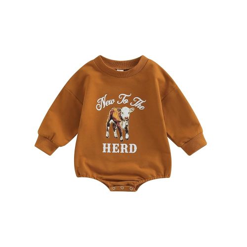 ZyHwShine Western Baby Outfit Newborn Boy Girl Cow Print Sweatshirt Romper Bodysuit Sweater Onesie Fall Winter Clothes (New To The Herd,0-3 Months)